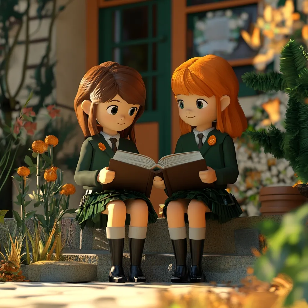 Two adorable, stylized schoolgirls in green uniforms sit on stone steps, sharing a book.  They are positioned outdoors, near a building with a green door and autumnal foliage. The girls' large eyes and detailed clothing add to their charming appearance, creating a sweet and idyllic scene.  Sunlight illuminates the scene, enhancing the warm, friendly atmosphere.
