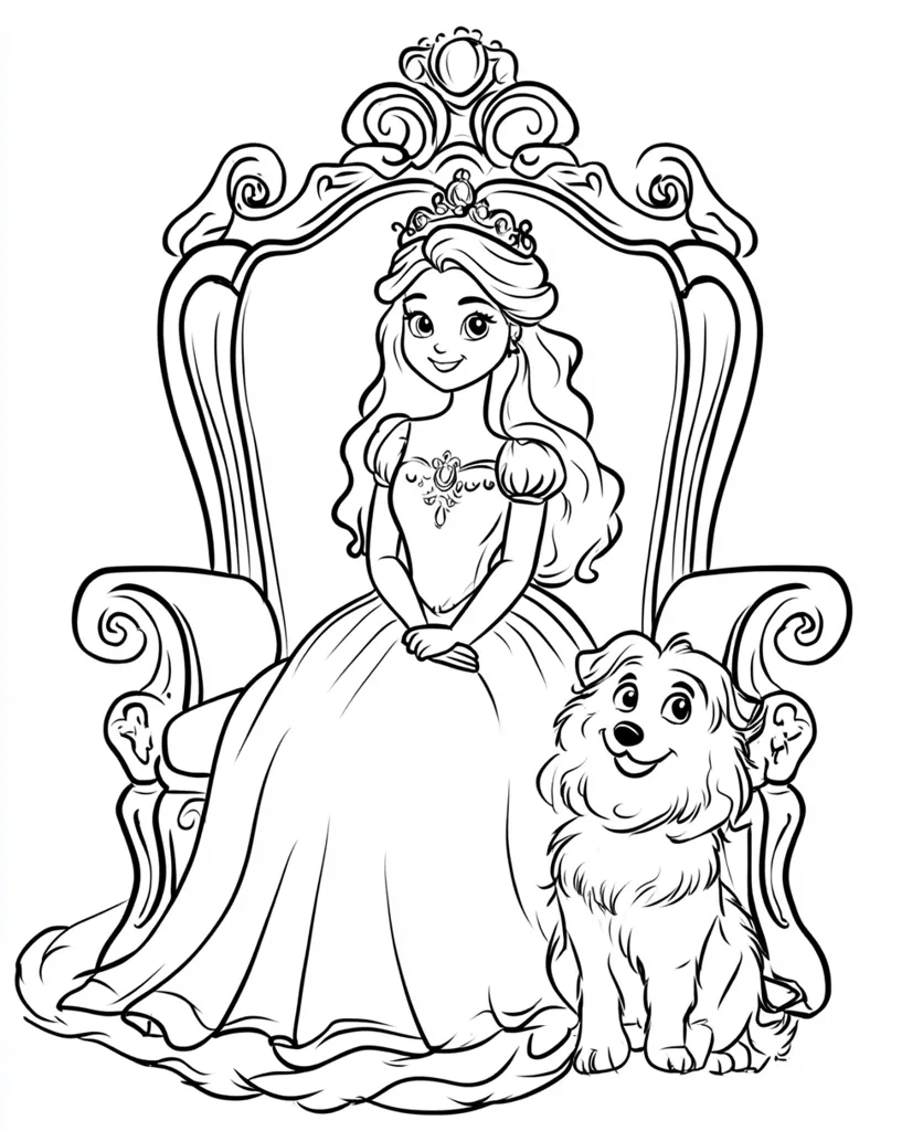 A princess, adorned in a crown and flowing gown, sits regally on an ornate throne.  Her hands rest gently in her lap, and a fluffy dog sits attentively beside her.  The detailed throne and the princess's elegant attire create a charming scene, perfect for coloring.  The image is a black and white line drawing, showcasing a fairytale aesthetic.