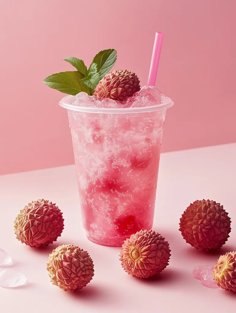 A refreshing pink lychee drink is presented in a clear plastic cup, garnished with fresh mint and a lychee.  Ice cubes are visible within the bubbly beverage. Several additional lychees are scattered on a pink surface around the base of the cup, creating a visually appealing and summery scene.  A pink straw adds to the overall aesthetic.