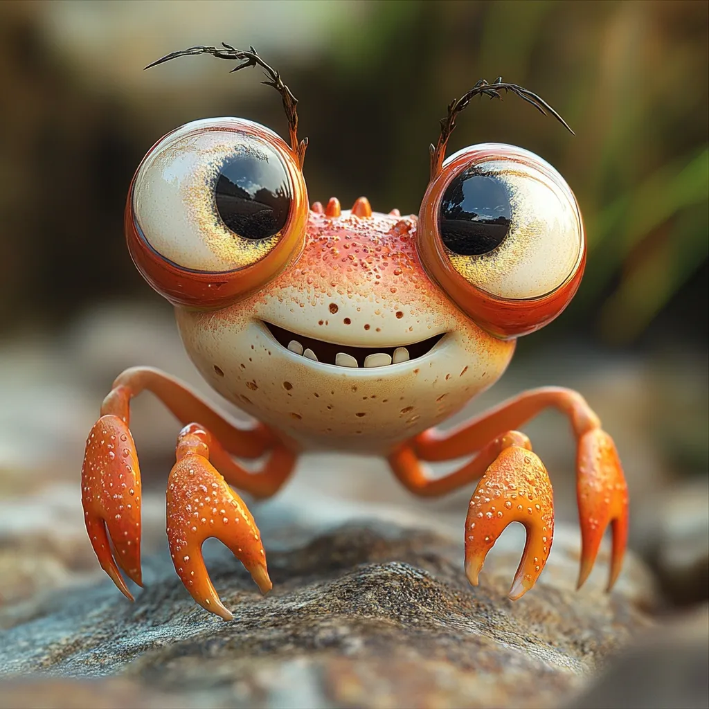 A charming, cartoonish crab with oversized, expressive eyes and a cheerful smile is shown in a close-up shot.  Its orange-red shell is speckled with tiny droplets, giving it a wet, glistening appearance. The crab's claws are delicately detailed, and it appears to be walking across a textured, dark rock.  The background is blurred, focusing attention on the adorable crustacean.