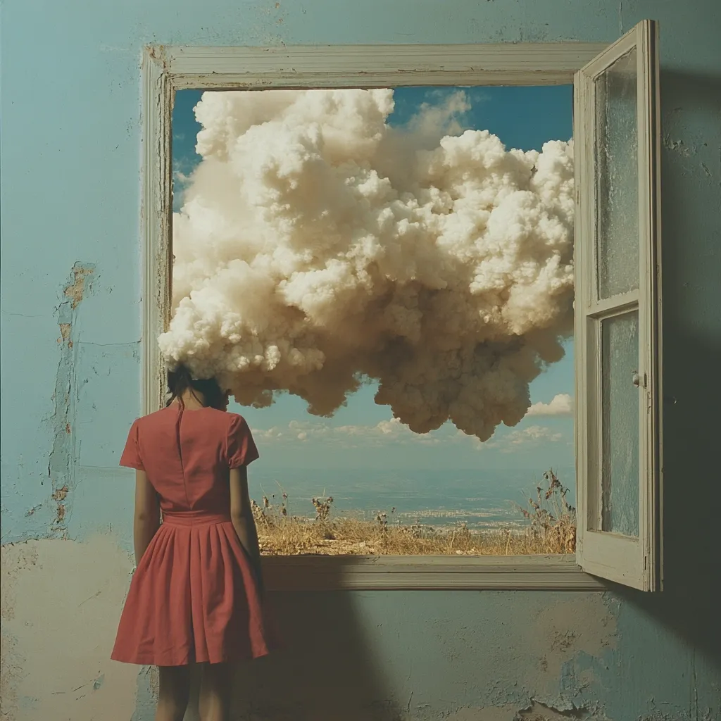 A surreal image depicts a woman in a coral dress standing before an open window.  A large, billowing cloud seemingly erupts from her head, filling the window frame and extending beyond into a distant, hazy landscape visible through the opening. The setting is a worn, teal-walled room, emphasizing the dreamlike juxtaposition of the scene.  The overall mood is contemplative and slightly melancholic.