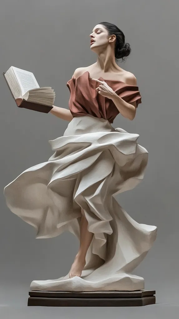 A hyperrealistic sculpture depicts a woman in flowing white drapery, holding an open book. Her pose suggests movement and grace, her head tilted back in a moment of contemplation or inspiration. The reddish-brown top contrasts with the white skirt, adding a touch of color to the otherwise monochromatic palette.  The sculpture’s smooth, almost skin-like texture, enhances its lifelike quality.  It rests on a simple, dark base.
