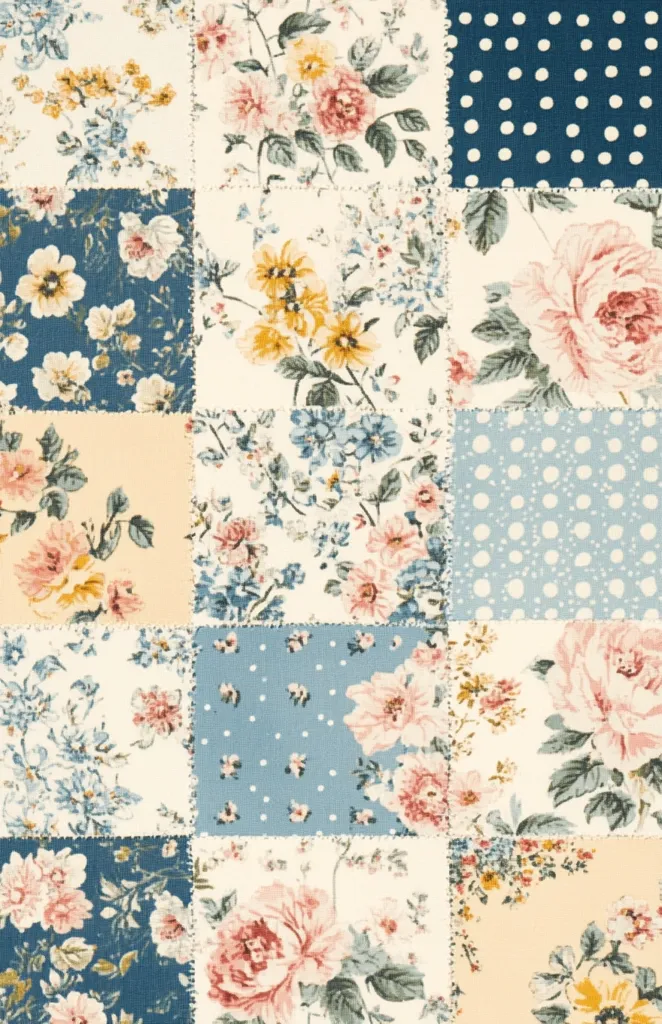 A patchwork design featuring various floral patterns and polka dots in shades of blue, cream, and pink.  The squares are stitched together with visible seams, creating a rustic, quilted effect.  The overall aesthetic is charming and reminiscent of vintage fabrics.  Roses, smaller blossoms, and leaves are prominent elements across the different floral prints.