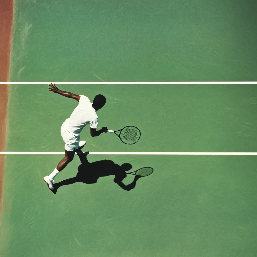 High-angle view of a tennis player in mid-swing on a green court.  The player, wearing white, is seen from above, his shadow cast prominently on the court below.  White lines delineate the court's sections. The image captures the dynamic motion of the player's serve or return. The overall aesthetic is clean and minimalist.