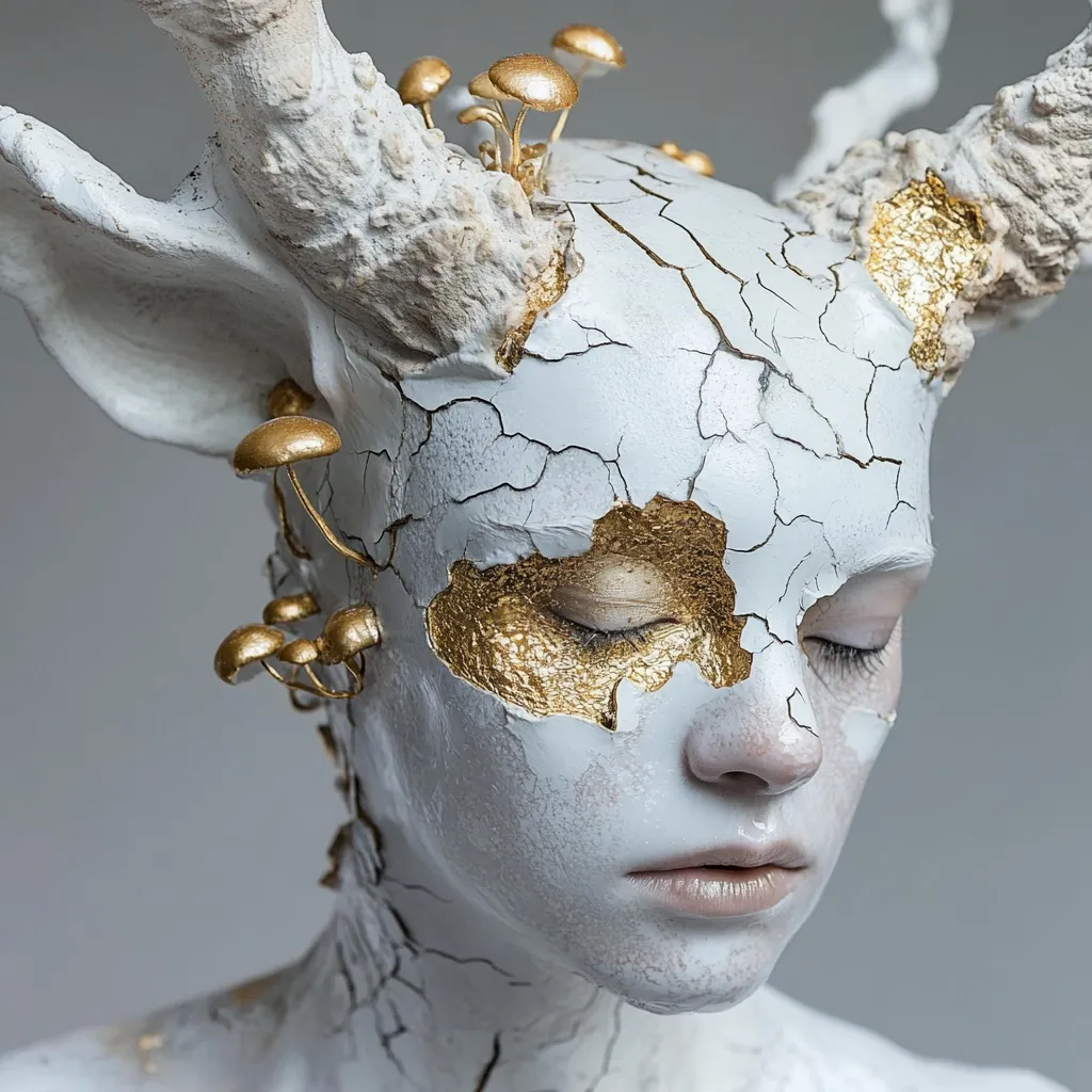 A close-up shot reveals a person with a striking, artistic transformation.  Their face and body are covered in a cracked, white substance, accented with gold leaf, resembling a fragmented statue.  Antler-like structures adorned with small, golden mushrooms sprout from their head, adding to the surreal and ethereal aesthetic. The model's eyes are closed, enhancing the contemplative mood of the image.