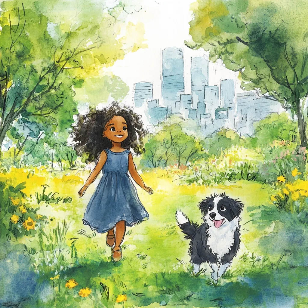 A watercolor painting depicts a joyful Black girl with curly hair, wearing a blue dress, running through a vibrant park alongside her adorable black and white border collie puppy.  Tall city buildings are visible in the background, creating a contrast between nature and urban life.  The scene is filled with bright sunlight and cheerful wildflowers, evoking a sense of carefree happiness.