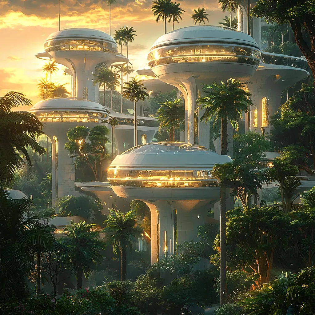 A futuristic city nestled within a lush, tropical landscape.  Elevated, dome-shaped structures, glowing warmly from within, stand amongst tall palm trees at sunset.  The architecture is sleek and white, contrasting beautifully with the vibrant greenery.  The scene evokes a sense of harmony between advanced technology and the natural world.