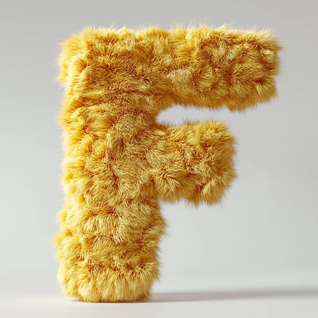 A fluffy, golden-yellow letter "F" is presented against a light gray backdrop.  The letter is rendered in a three-dimensional style, appearing soft and plush, like it's made of fur or a similar textured material. The lighting highlights the texture and depth of the furry letterform.