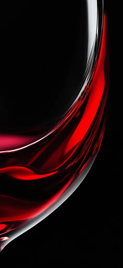 A close-up shot reveals the rich, crimson hues of red wine swirling within a glass.  The wine's deep color contrasts dramatically against the dark background, emphasizing its luscious texture and the elegant curve of the glass.  The image highlights the beauty and allure of the beverage, capturing its essence in a visually striking composition.