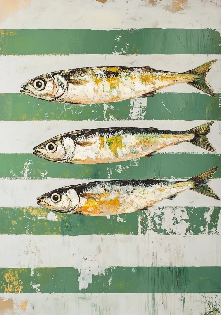 A painting depicts three silvery fish arranged horizontally against a background of thick, textured, pale green and off-white stripes.  The fish are realistically rendered, with visible scales and subtle color variations, suggesting a textured, possibly impasto, painting style. The background's aged or distressed appearance contrasts with the vibrant fish, creating a striking visual effect.