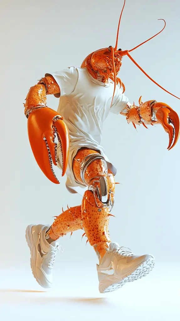 A surreal digital artwork depicts a lobster-human hybrid in mid-stride.  The creature sports a white shirt and Nike Air Max sneakers, its lower body and legs replaced with detailed lobster anatomy.  The lobster's claws are prominent, and its antennae extend upwards.  The overall effect is a blend of human form and crustacean physiology, set against a minimalist white background.