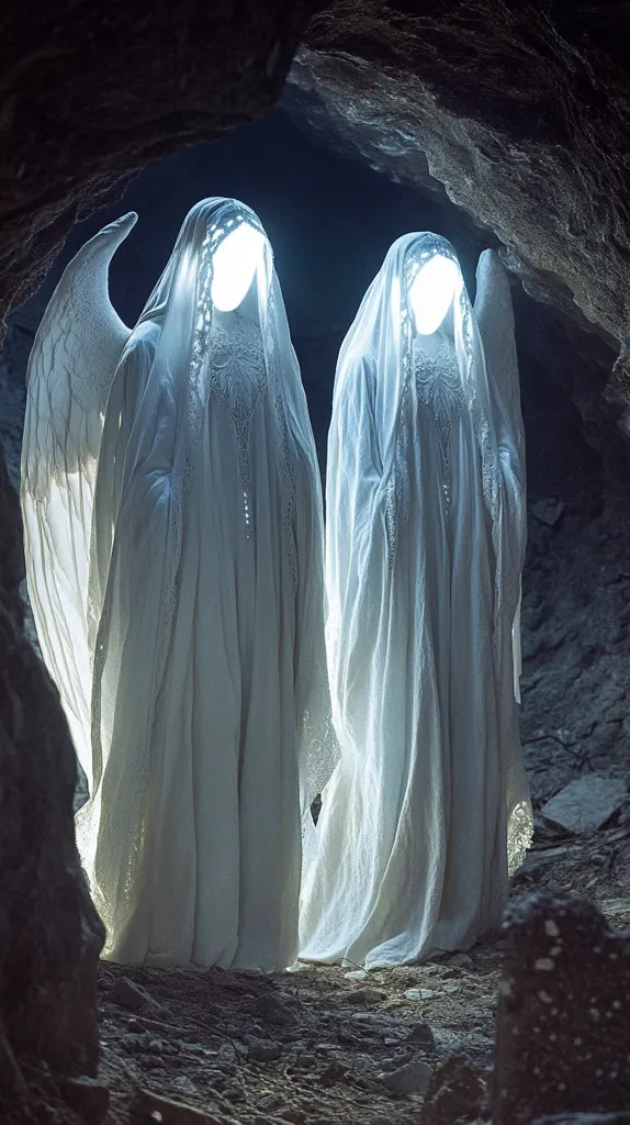 Two ethereal figures, cloaked in flowing white robes and adorned with large, translucent wings, stand within a dark cave.  Their faces are obscured by the fabric, and a soft, inner light illuminates their forms. The scene evokes a sense of mystery and otherworldliness, suggesting angelic or spiritual beings in a hidden sanctuary. The rough texture of the cave contrasts with the smooth, delicate robes.