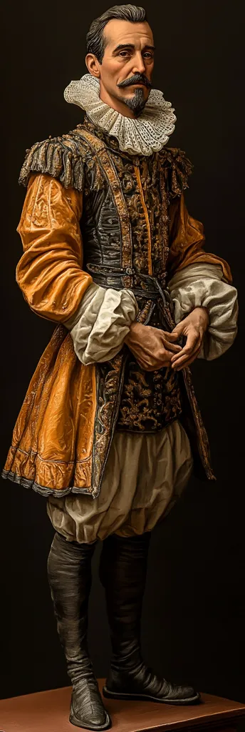 A meticulously detailed statue depicts a 17th-century gentleman.  He is dressed in ornate clothing; a rich orange doublet, a lavishly embroidered vest, and a large, intricately-laced white collar.  His posture is reserved, hands clasped before him.  Tall black boots complete the ensemble, enhancing the regal air. The statue's artistry is evident in the fine details of the clothing and the lifelike expression on the man's face.