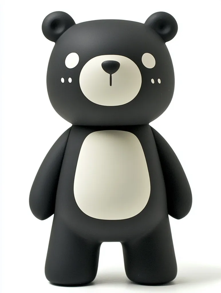 A black stylized bear figurine stands against a white background.  Its design is minimalist, featuring a simple, rounded form with off-white facial features and belly.  The bear has small, round ears and a smooth, matte texture, giving it a modern and slightly playful aesthetic.  It appears to be a collectible or decorative item.