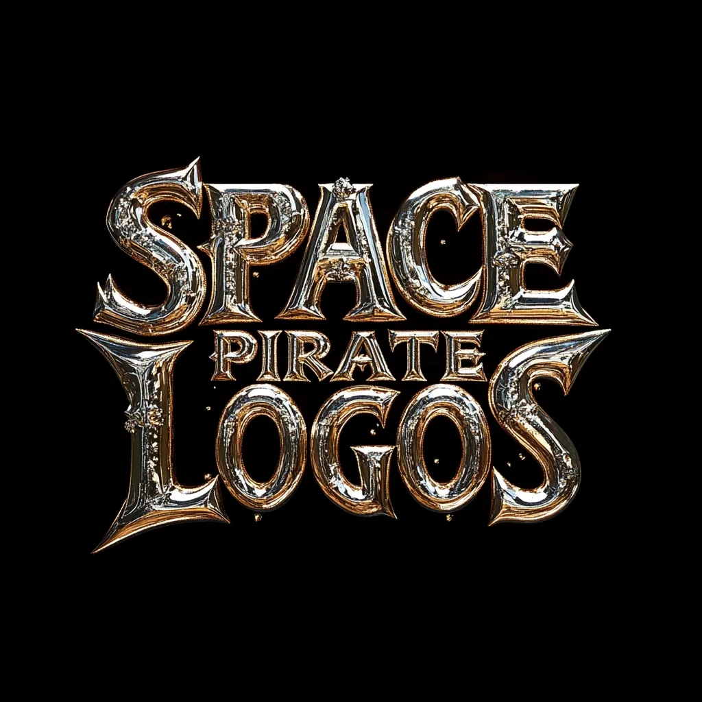 The image shows a logo design titled "Space Pirate Logos."  The text is rendered in a three-dimensional, metallic style with a gold and silver color scheme. The font is stylized and ornate, giving a sense of adventure and fantasy.  Small, glittering details are embedded within the lettering, enhancing the luxurious aesthetic. The overall effect is bold and eye-catching.