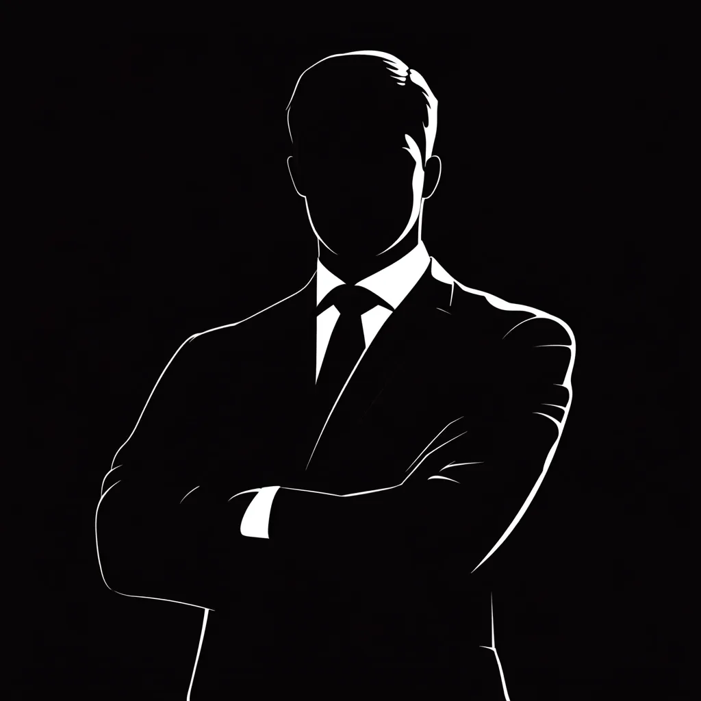 The image is a stylized silhouette of a man in a suit.  He stands against a black background, his arms folded across his chest.  The silhouette is stark white, highlighting his formal attire and confident posture.  His face is obscured, lending an air of mystery or anonymity.  The overall effect is one of power and sophistication.