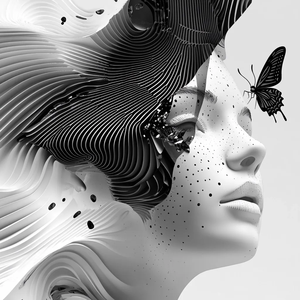 A monochromatic digital artwork depicts a woman's face partially obscured by an abstract, wave-like structure.  The structure is rendered in shades of gray, with sharp lines and curves creating a sense of depth and movement.  The woman's face is smooth, subtly textured with dots, and features a delicate butterfly resting near her temple. The overall effect is surreal and artistic, blending realistic and abstract elements.