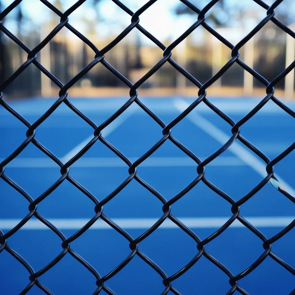 A close-up view of a chain-link fence reveals a blurred background of a blue tennis court. The dark metal mesh creates a geometric pattern, contrasting with the vibrant blue surface of the court beyond.  The out-of-focus background suggests a peaceful, outdoor setting. The image emphasizes the texture and pattern of the fence.