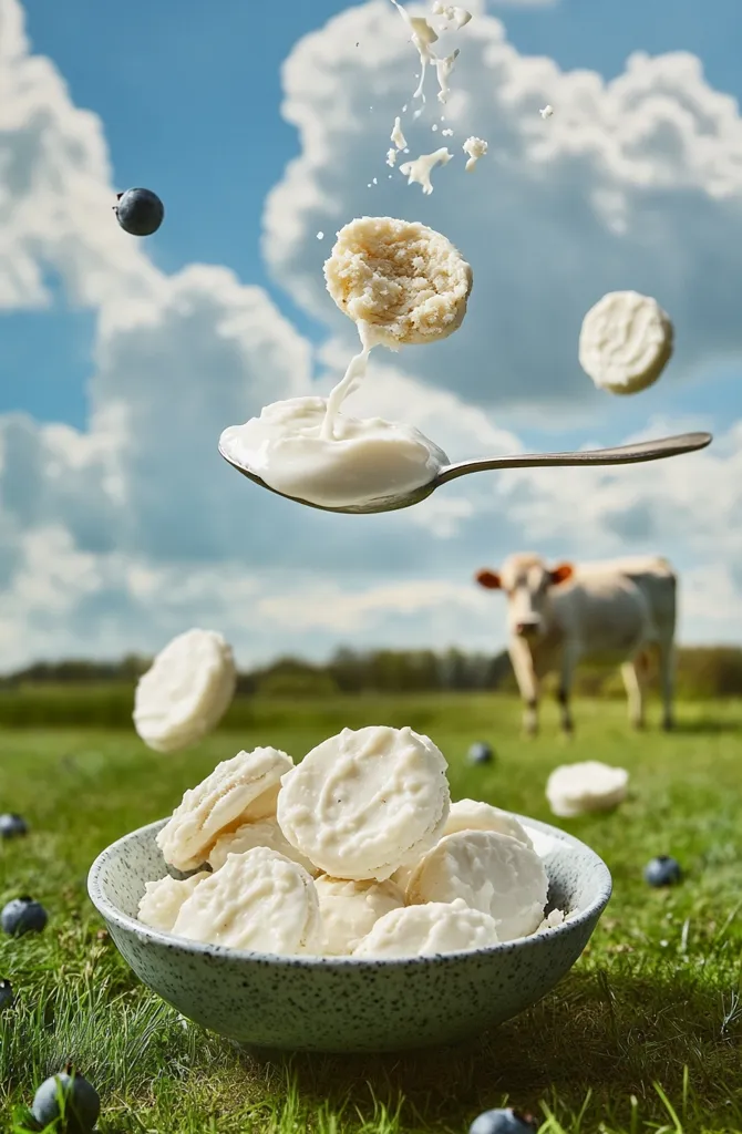 A bowl of white cookies sits on grass, with more cookies and blueberries floating in the air.  A spoon with milk pours over a cookie mid-air. A cow grazes in the background under a bright, partly cloudy sky. The scene is idyllic and evokes a sense of freshness and natural ingredients.