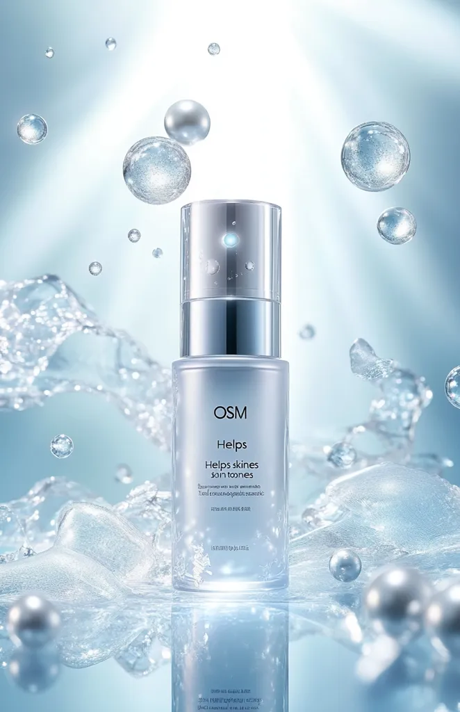 A bottle of OSM Helps skin toner is showcased against a backdrop of water droplets and splashes.  The bottle is sleek and silver, with the brand name and product description prominently displayed. The imagery emphasizes a refreshing and hydrating quality, suggesting the toner's moisturizing benefits for skin tone improvement.  The overall aesthetic is clean, minimalist, and luxurious.