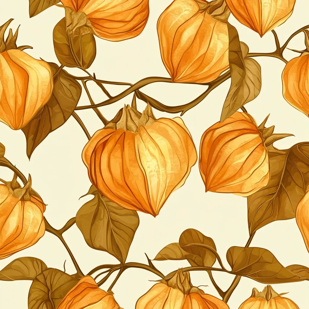 A seamless pattern features detailed botanical illustrations of orange, lantern-like fruits hanging from intertwining branches.  The fruits are depicted with a textured, watercolor-like effect, and the leaves are a muted brown-green. The background is a pale cream color, providing a soft contrast to the vibrant fruits. The overall style is reminiscent of vintage botanical prints.