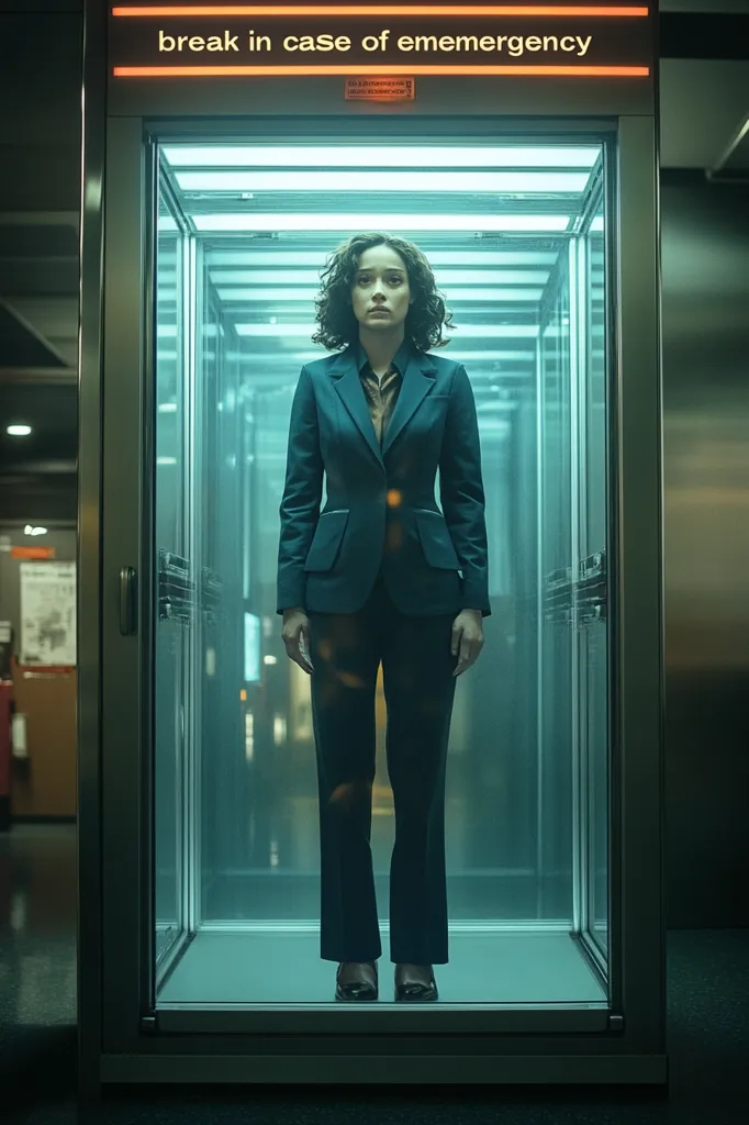 A woman in a dark suit stands inside a glass enclosure marked "break in case of emergency." The setting appears to be a modern, possibly futuristic, building.  The glass is tinted teal, and the overall atmosphere is one of suspense and isolation.  The woman's expression is serious and contemplative.