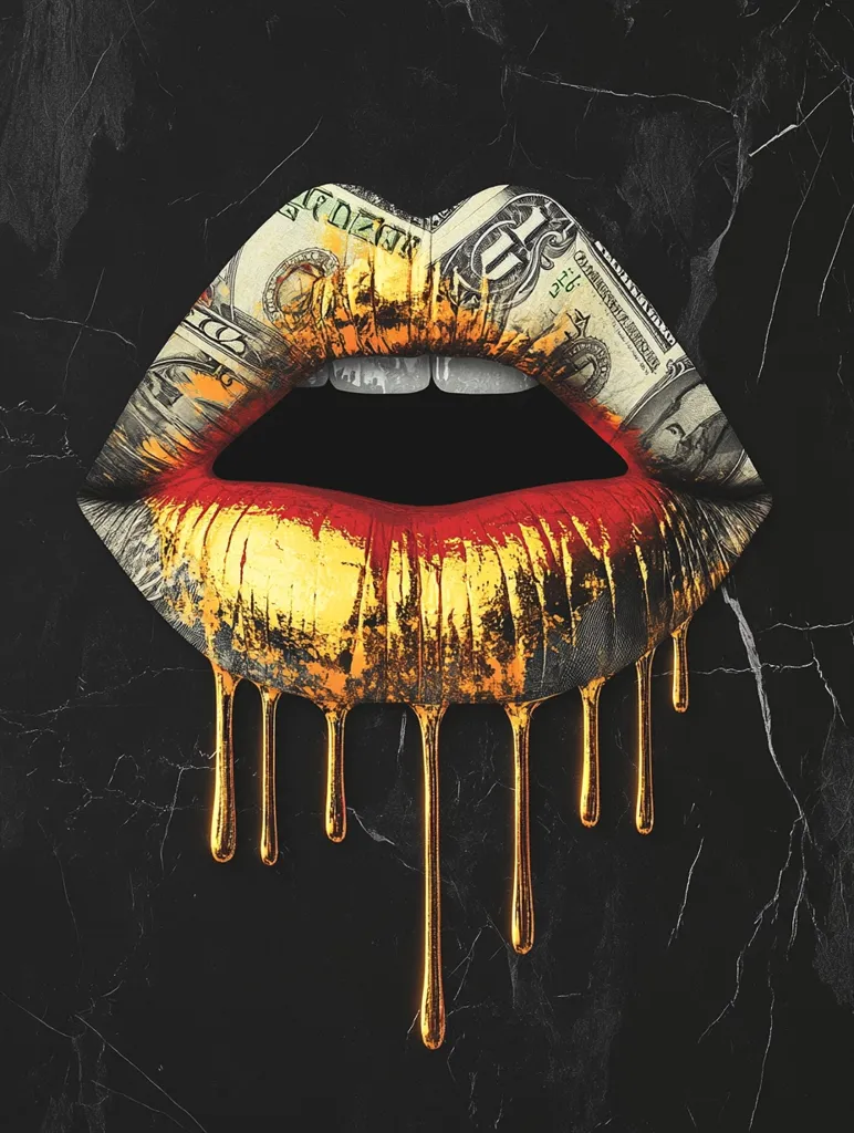 A striking close-up depicts a pair of full lips, textured with dollar bills and dripping with molten gold. The rich, red lip color contrasts beautifully with the golden sheen, set against a dark, marbled background.  The image is a bold statement piece, blending luxury, wealth, and artistic expression.  The drips of gold add a sense of fluidity and opulence to the composition.