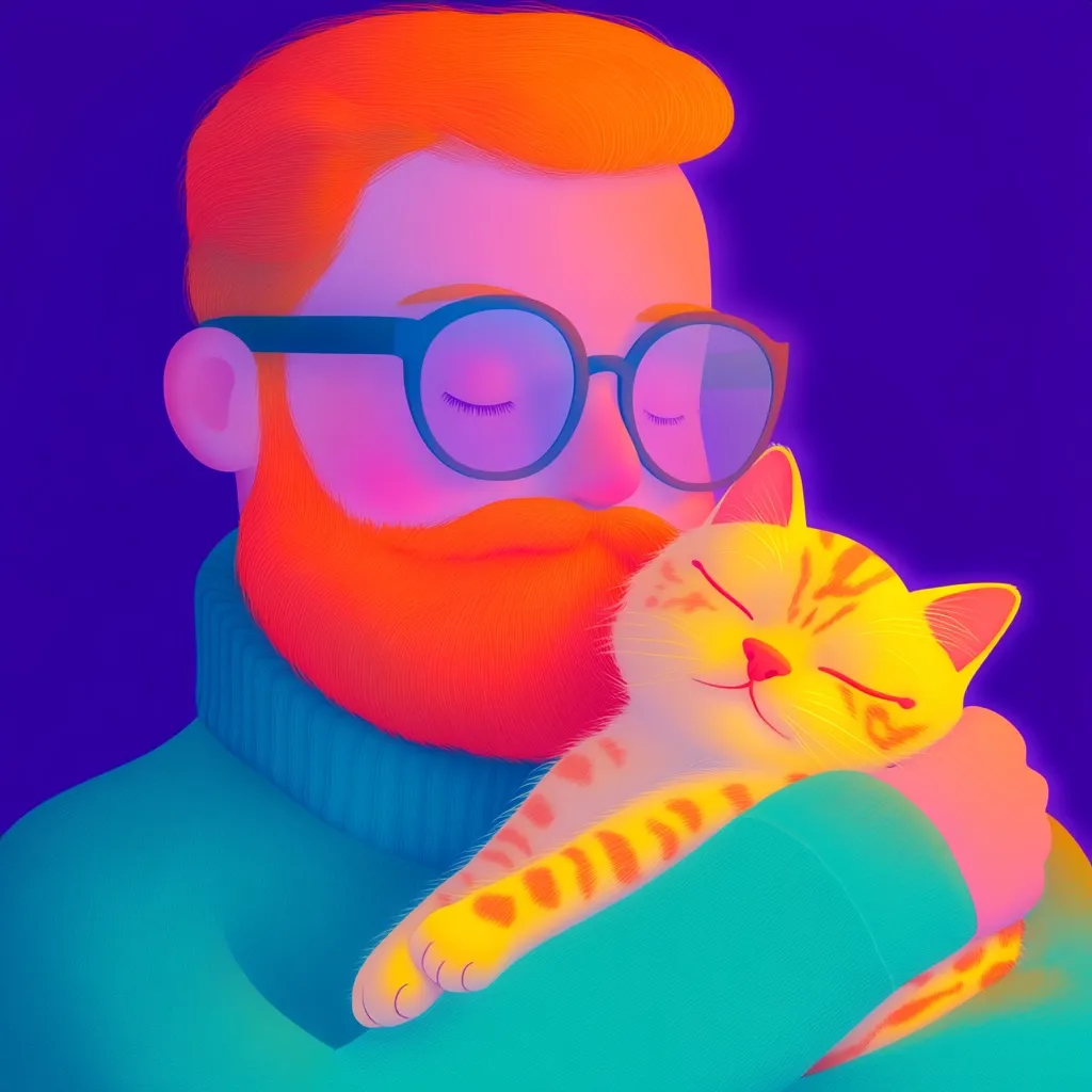 A vibrant digital illustration depicts a red-haired, bespectacled man with a beard gently cradling a contented orange tabby cat.  The man's eyes are closed, suggesting peaceful contentment.  The artwork is rendered in bold, neon-like hues of orange, teal, and purple, creating a striking and warm visual effect. The overall mood is one of calmness and affection.