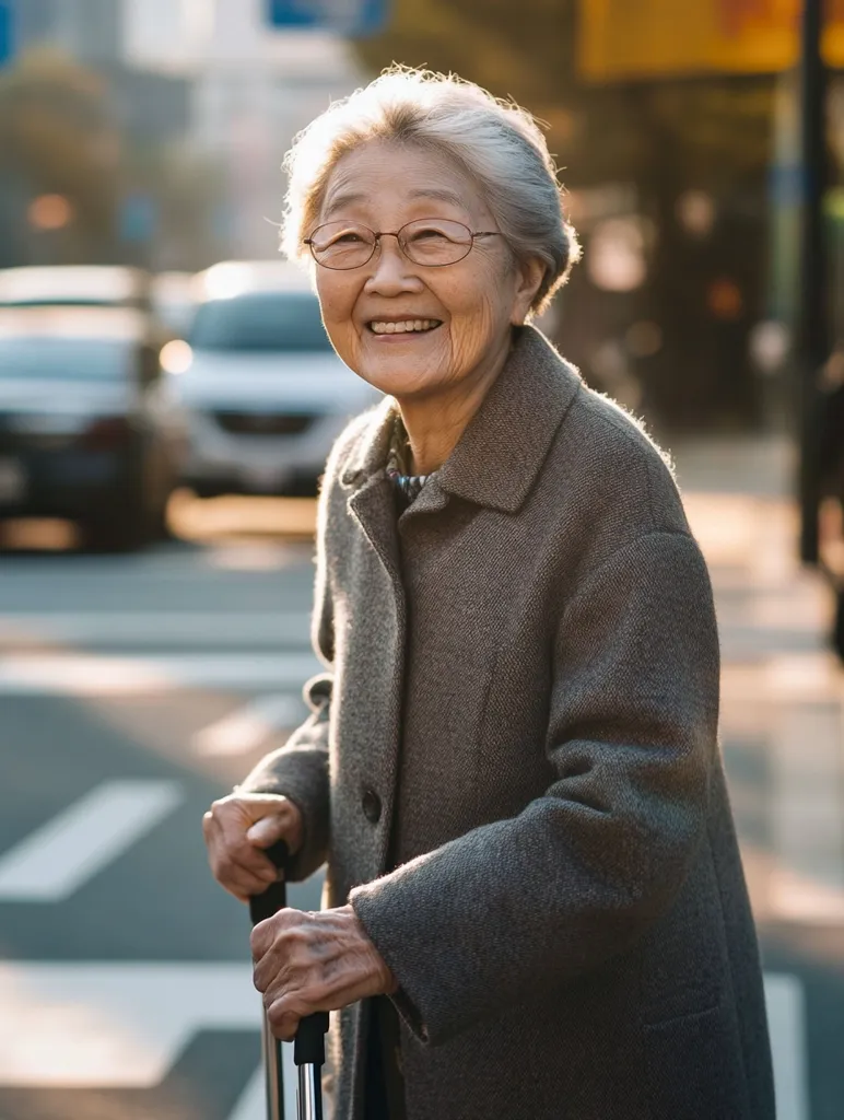 A smiling elderly Asian woman with short gray hair and glasses stands on a city street, holding a walking cane. She wears a gray coat and looks happy and content.  The background is softly blurred, showing cars and buildings.  Sunlight illuminates her face, creating a warm and pleasant atmosphere.