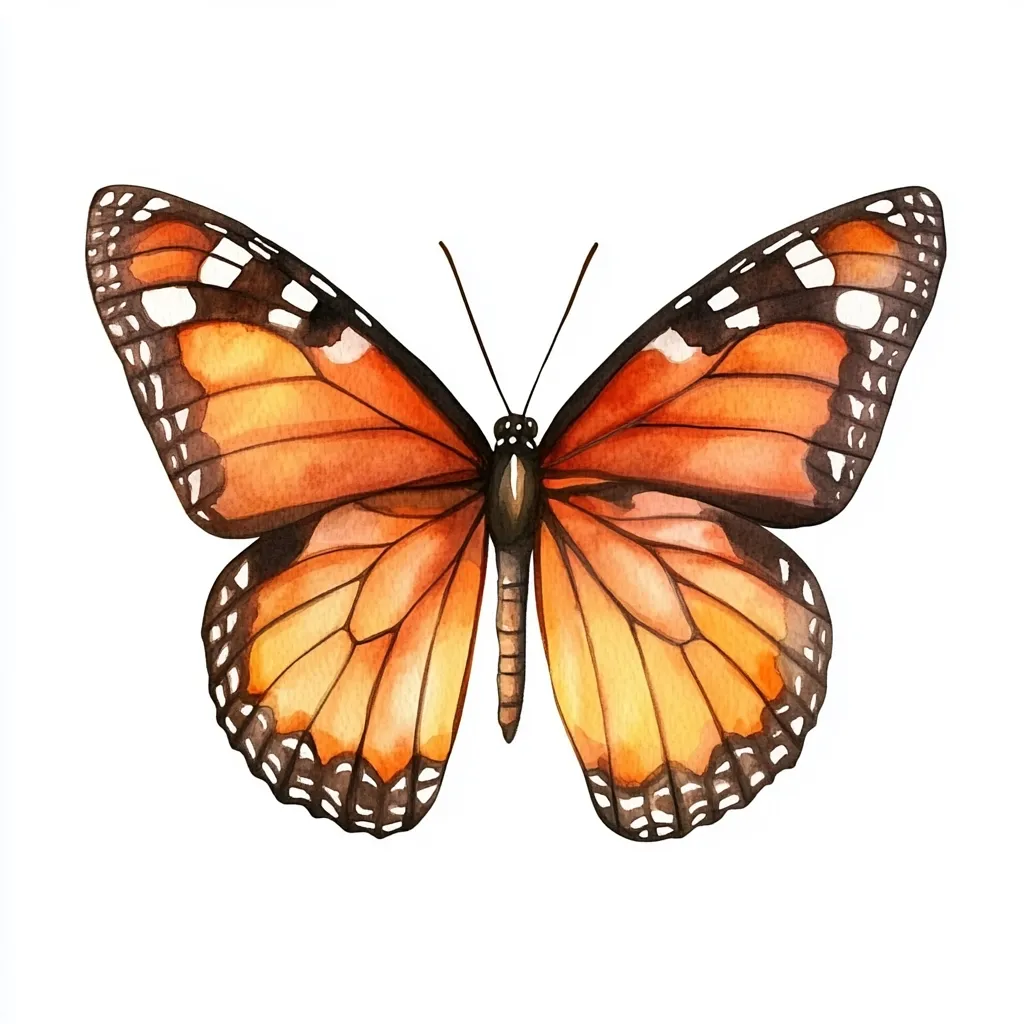 A watercolor painting depicts a vibrant orange butterfly with dark brown markings along its edges. The butterfly's wings are spread wide, showcasing intricate details in its veins and patterns. The body is a dark brown, contrasting beautifully with the bright orange wings.  The image is set against a clean white background, highlighting the butterfly's vivid colors and delicate features.