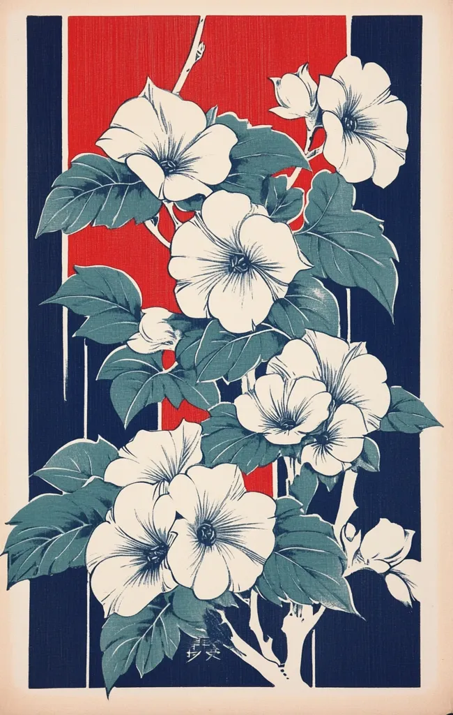 A stylized floral print features large, white blossoms with prominent stamens, set against a backdrop of teal leaves. The design is framed by bold vertical stripes of red and dark blue, creating a vibrant contrast. The artistic style evokes a sense of Japanese woodblock printing, with its clean lines and flat color palette.  The overall effect is both elegant and striking.