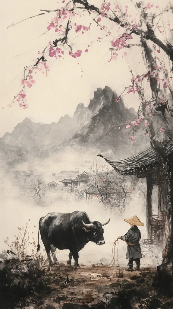 A misty Asian landscape unfolds, showcasing a farmer with a water buffalo.  Pink blossoms adorn a tree in the foreground, contrasting with the muted grays and browns of the mountains and village nestled in the valley. The scene is serene and evokes a sense of quiet rural life, painted in a style reminiscent of traditional East Asian ink wash painting. The farmer gently holds the rope leading the animal, creating a peaceful and contemplative mood.