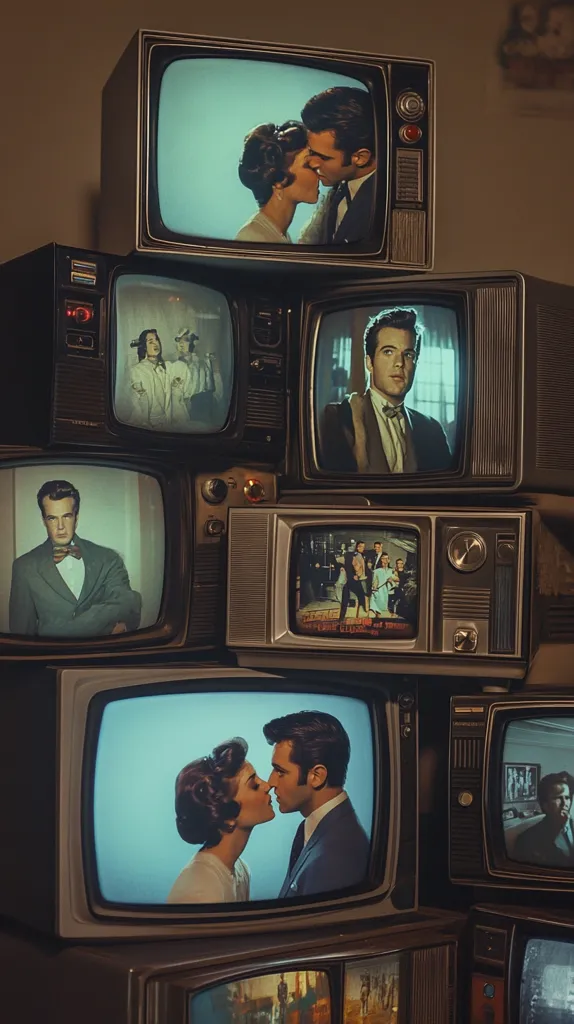 A stack of vintage television sets displays various scenes.  Couples embrace, men in suits are shown, and groups of people are visible on different screens. The retro aesthetic suggests a nostalgic view of television's past. The stacked televisions create a visually striking, layered image, evoking a sense of time and media history.