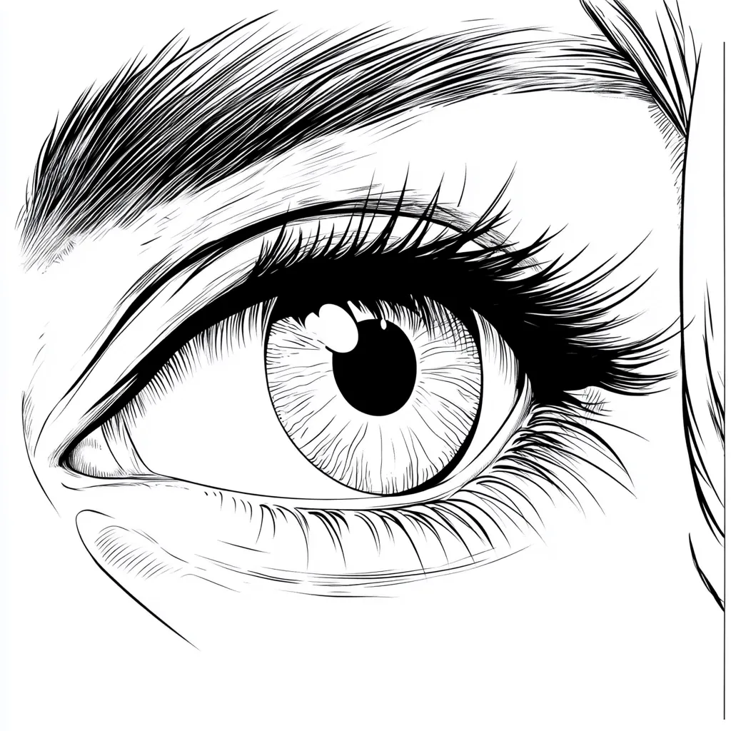 A detailed black and white illustration of a woman's eye.  The drawing emphasizes the intricate details of the eyelashes, iris, and eyebrow, creating a realistic and expressive gaze.  The style is precise and meticulously rendered, showcasing the artist's skill in capturing the subtle nuances of the human eye.  The contrast between light and dark areas enhances the depth and dimension of the eye.