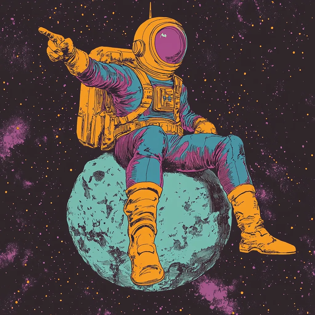 A stylized illustration depicts an astronaut, rendered in vibrant teal, purple, and orange hues, seated atop a small, teal planet.  The astronaut's helmet features a purple visor, and one arm is extended, pointing outward into the cosmic backdrop of a dark space speckled with stars and nebulae. The overall aesthetic is retro and cosmic, reminiscent of vintage science fiction art.