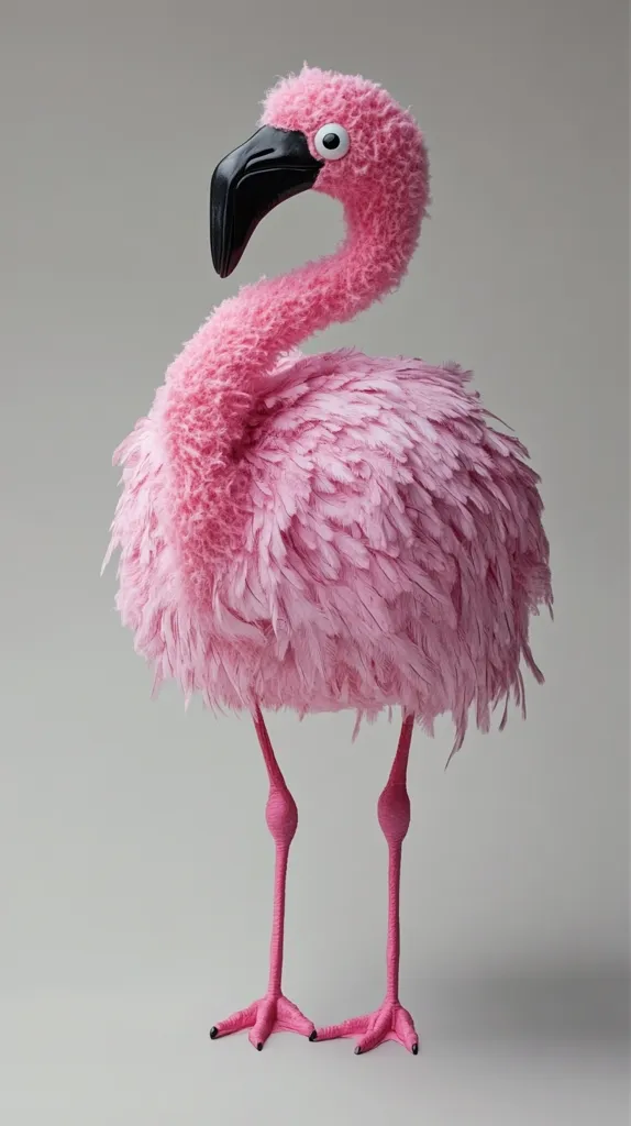 A pink flamingo figurine stands against a light gray background.  Its plumage is fluffy and detailed, contrasting with its sleek, long legs and a black beak.  The flamingo's large, expressive eyes add a whimsical touch to its overall design, creating a playful and decorative piece. The image is sharply focused, highlighting the texture and color of the figurine.