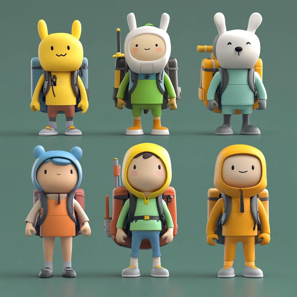 Six adorable, stylized 3D cartoon characters are depicted, each carrying a backpack and ready for an adventure.  The designs feature a diverse range of headwear and outfits, with color palettes emphasizing yellows, oranges, and greens.  Their expressions are cheerful and friendly, giving a sense of playful camaraderie.  The characters appear to be designed for children's media or toys.
