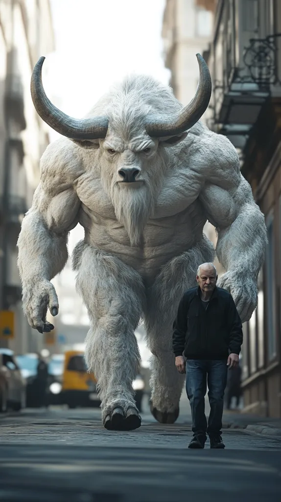 A massive, muscular, white mythical beast resembling a giant yak or bull walks down a city street.  Its enormous size dwarfs a man walking casually in front of it.  The creature possesses long, curved horns and a thick, shaggy coat.  The urban setting creates a stark contrast to the fantastical creature. The overall impression is one of surreal scale and unexpected juxtaposition.