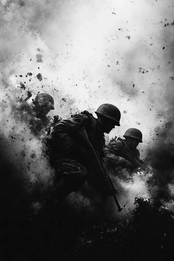 A black and white image depicts three soldiers silhouetted against a backdrop of smoke and debris.  The central figure is prominently featured, carrying a rifle, with two others slightly behind and to the side.  The scene is chaotic and evokes a sense of intense action, possibly amidst a battle.  The monochromatic palette emphasizes the stark contrast between the soldiers and the turbulent environment. The overall effect is dramatic and powerful.