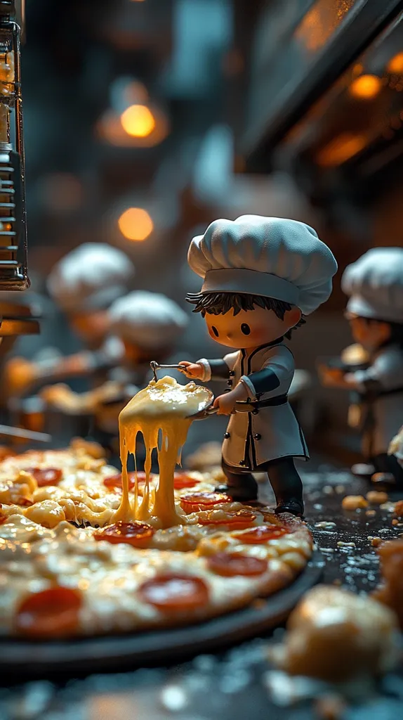 A miniature chef, wearing a white chef's hat and uniform, carefully adds melted cheese to a delicious-looking pepperoni pizza.  Surrounded by other miniature chefs in a dimly lit kitchen setting, the scene is both charming and whimsical.  The cheese stretches dramatically, highlighting the appetizing pizza. The overall image is a creative and artistic portrayal of food preparation.