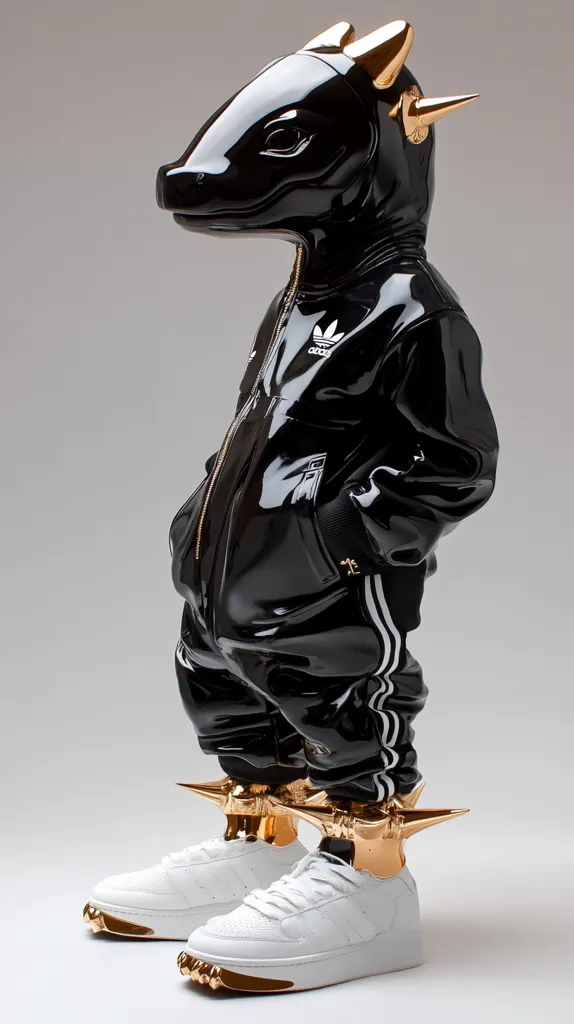 A black, glossy sculpture of a creature wearing an Adidas tracksuit stands with its hands in its pockets.  The creature has a reptilian head with gold horns and wears white Adidas sneakers with gold, spiked ankle guards. The overall style is a blend of streetwear and high-fashion art, showcasing a unique and stylized figure.  The Adidas logo is visible on the jacket.