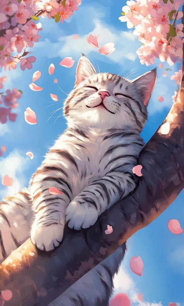 A contented grey tabby cat sits nestled in a cherry blossom tree branch against a bright blue sky.  Pink petals gently fall around it. The cat's eyes are closed, and its expression is one of pure bliss. The artwork is painted in a soft, dreamy style, evoking feelings of peace and serenity.  The scene is idyllic and charming.