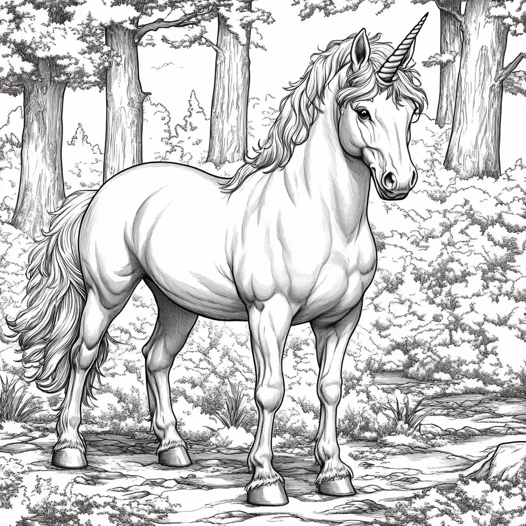 A majestic unicorn, rendered in meticulous detail, stands in a serene forest.  Its long, flowing mane and tail contrast with its powerfully built body.  The unicorn's single horn is prominent, adding to its mythical aura. The background depicts a detailed forest scene with trees and undergrowth, creating a peaceful and enchanting atmosphere. The artwork's style is reminiscent of detailed pen and ink drawings.