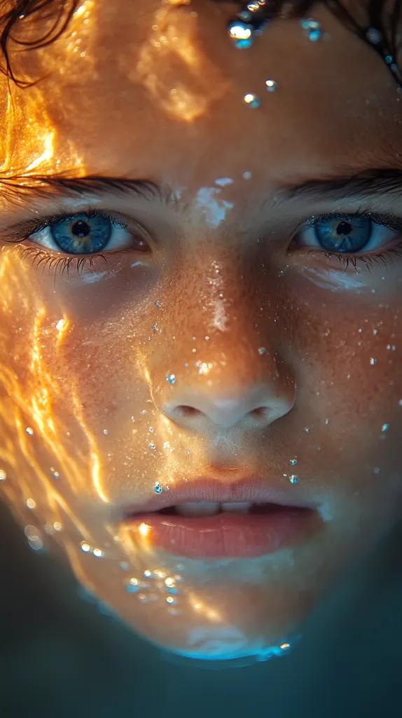 Close-up underwater portrait of a young person's face.  Sunlight refracts through the water, creating shimmering patterns on their skin.  Air bubbles cling to their face.  Their eyes are open, gazing directly at the viewer, conveying a sense of serene stillness.  The overall effect is ethereal and dreamlike.