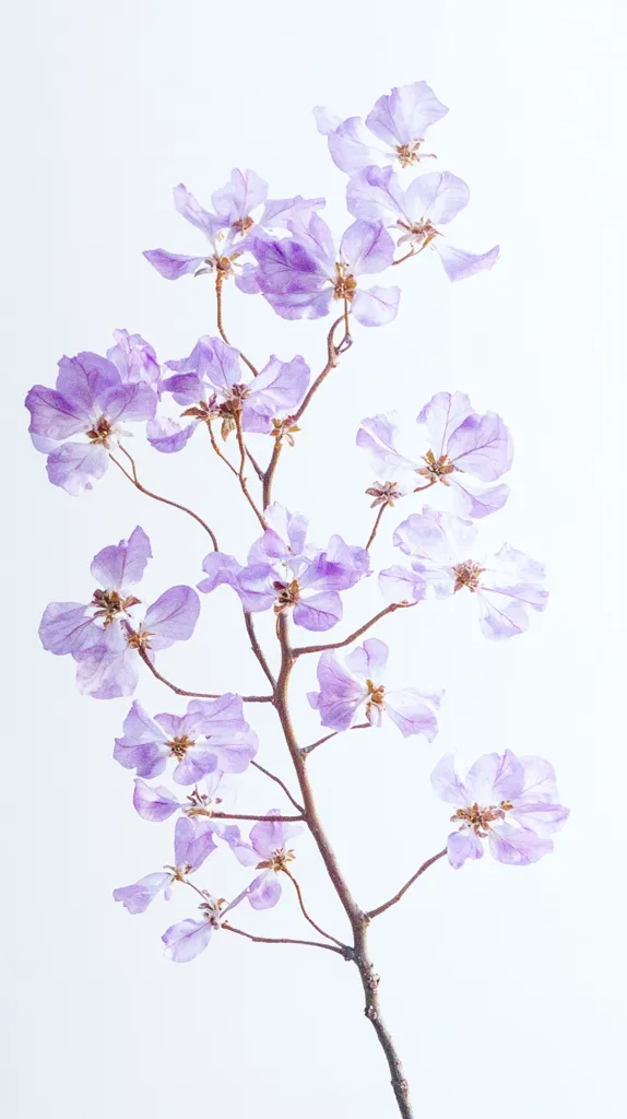 A delicate branch of light purple flowers against a white background.  The blossoms are numerous, with thin, wispy petals, creating a soft, ethereal feel. The branch extends gracefully upward, showcasing the flowers in various stages of bloom.  The overall image evokes a sense of calm and tranquility.