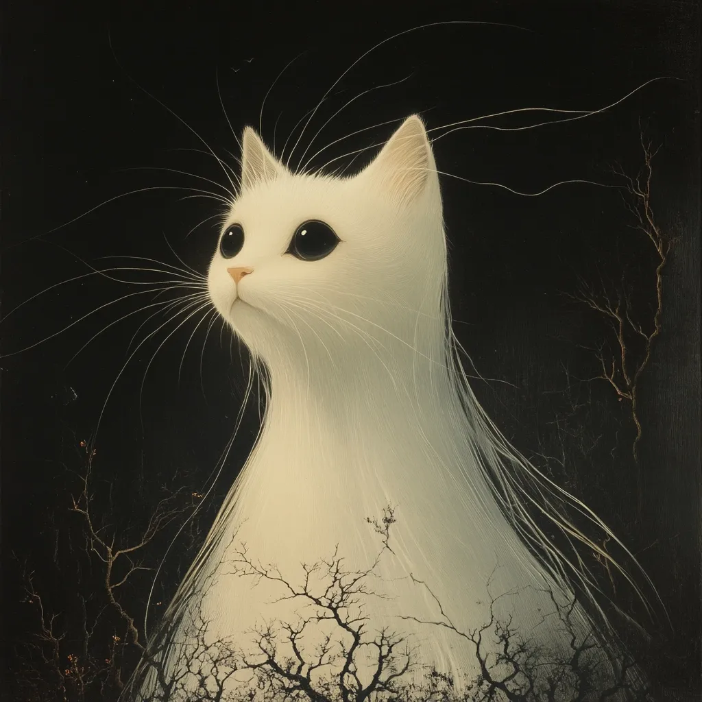 A painting depicts a white cat with exceptionally long fur, appearing almost ethereal.  Its large, dark eyes gaze upward. The cat's fur seems to blend with bare, dark branches, creating a surreal, dreamlike atmosphere against a black background. The overall style is dark fantasy, emphasizing the cat's otherworldly presence.