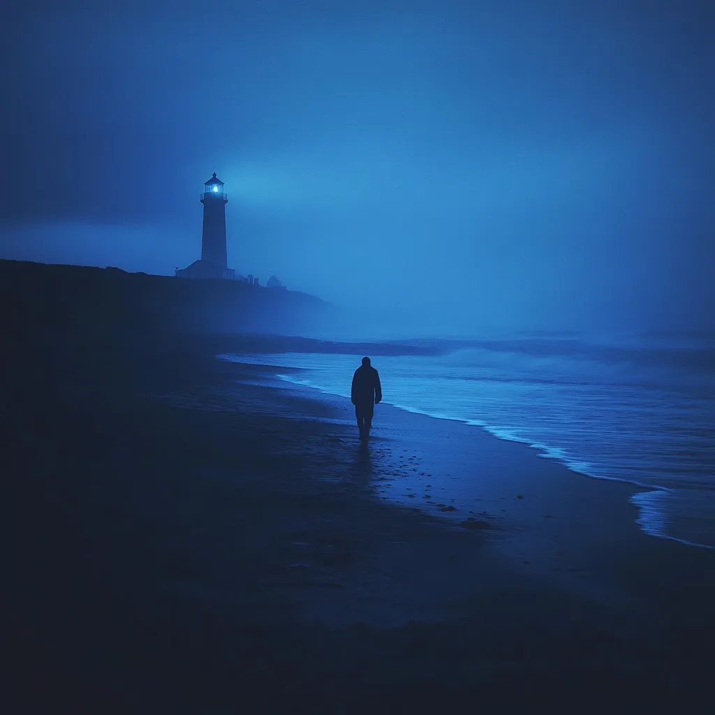 A solitary figure walks along a dark, sandy beach under a twilight sky.  A distant lighthouse casts a lone beam of light, illuminating the scene in shades of deep blue.  The atmosphere is serene yet melancholic, the vast ocean and shadowy landscape enhancing the sense of isolation.  The man's silhouette is small against the immensity of the night.