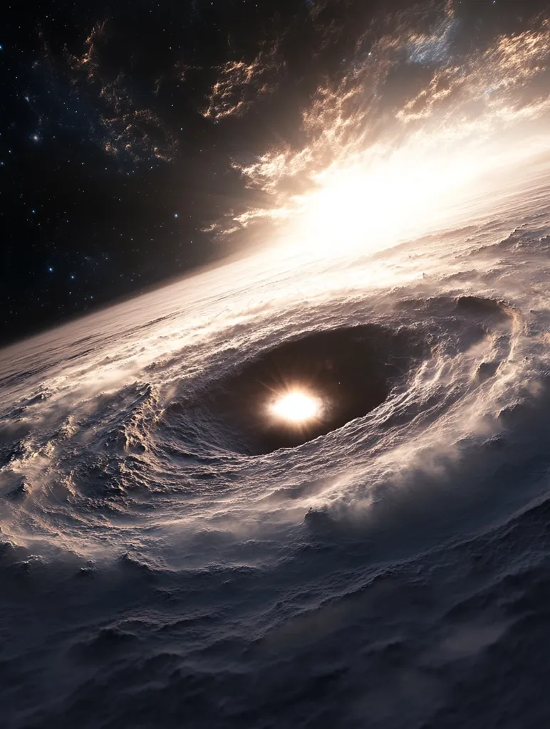 A breathtaking cosmic scene unfolds, showcasing a swirling vortex of clouds on a celestial body.  A bright sun, seemingly distant yet powerful, shines through the center of the vortex, casting a golden glow.  The dark expanse of space, speckled with distant stars, forms a dramatic backdrop to this ethereal spectacle.  The image evokes a sense of awe and wonder at the vastness and beauty of the universe.