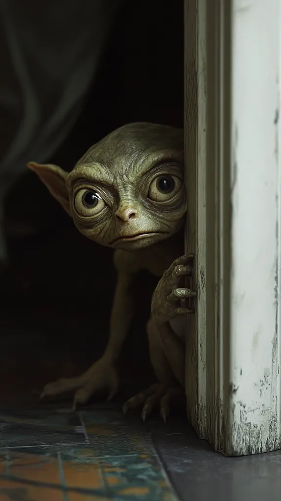 A creature, resembling a grotesque, oversized goblin or gremlin, peeks from behind a weathered doorjamb. Its large, dark eyes and wrinkled skin convey a sense of unease.  The creature's clawed hands grip the door frame, suggesting apprehension or stealth.  The dimly lit scene enhances the unsettling atmosphere.
