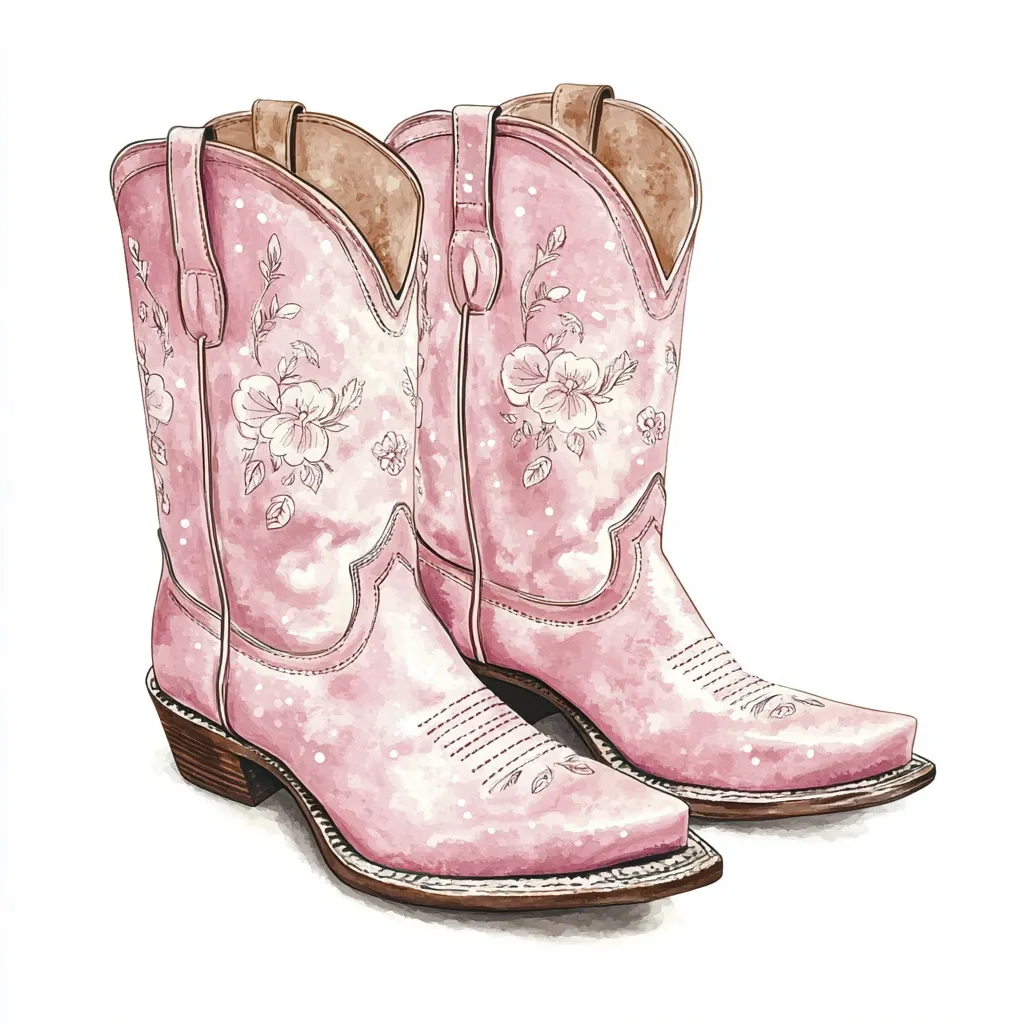 A watercolor illustration showcases a pair of pink cowboy boots adorned with delicate floral embroidery. The boots, presented at a slight angle, exhibit a soft pink hue with subtle white polka dots, enhancing the overall feminine aesthetic.  The floral design, featuring light pink and white blossoms, is tastefully executed, adding a touch of elegance to the traditionally rugged footwear.  The boots' stitching details are clearly visible, adding to the realism of the artwork.